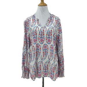 Talbots Blouse Womens M Medium White Blue Shirred Notch Floral Peasant Paisley